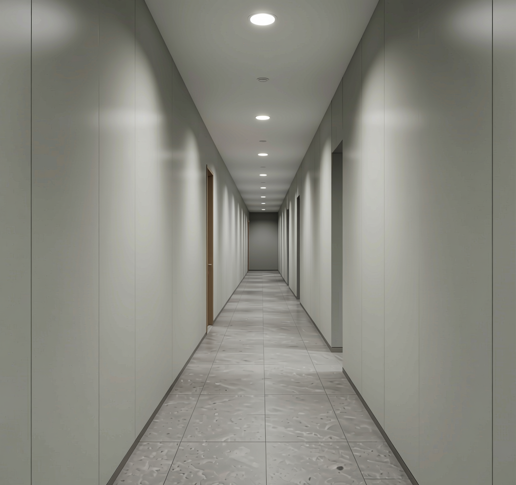 Moon Grey Plain Laminate 8x4 ft Matte 0.9 mm - 566 EM — application view in a minimalist hallway