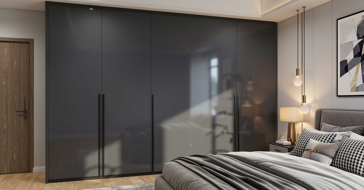 Night Grey Plain Laminate 8x4 ft Glossy 1 mm - 671 DG — application view in a sleek bedroom