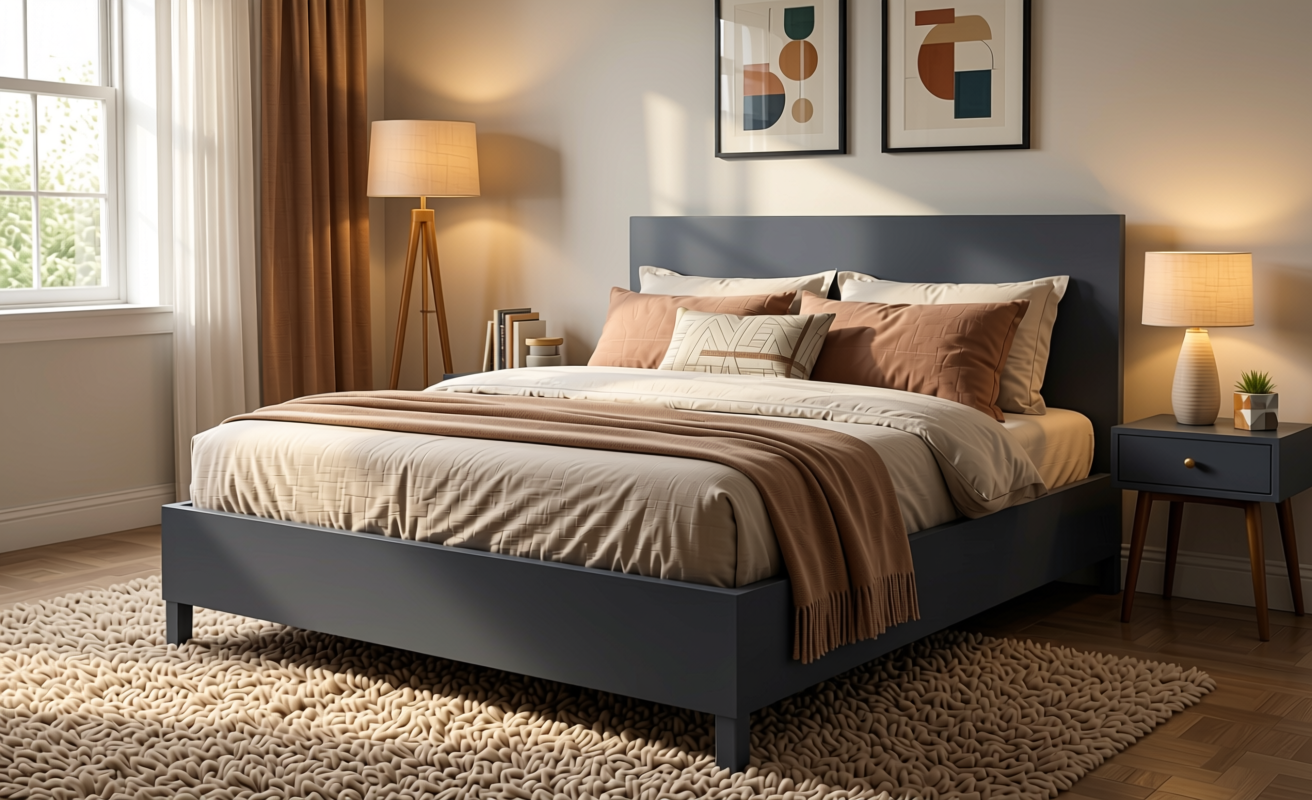 Night Grey Plain Laminate 8x4 ft Texture 1 mm - 671 NL — application view in a cosy bedroom
