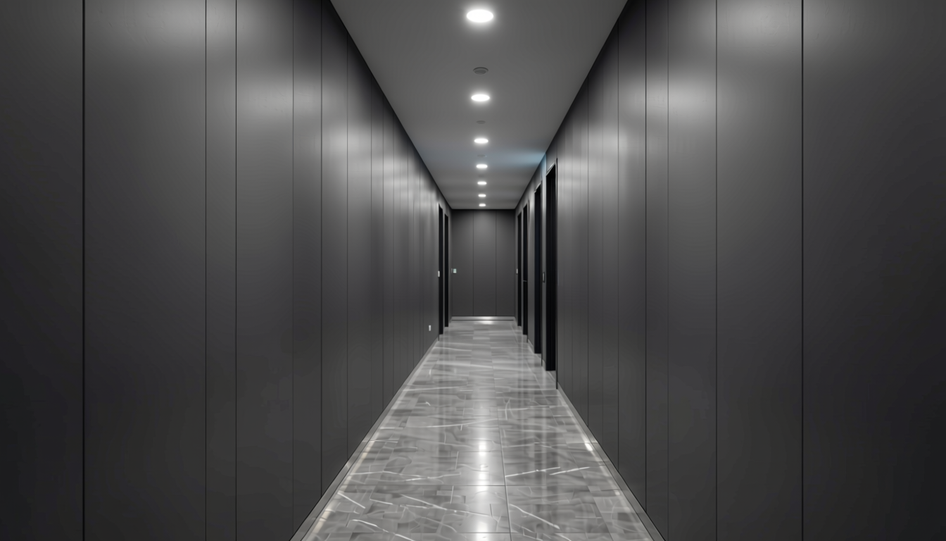 Night Grey Plain Laminate 8x4 ft Texture 1 mm - 671 UL — application view in a sleek hallway