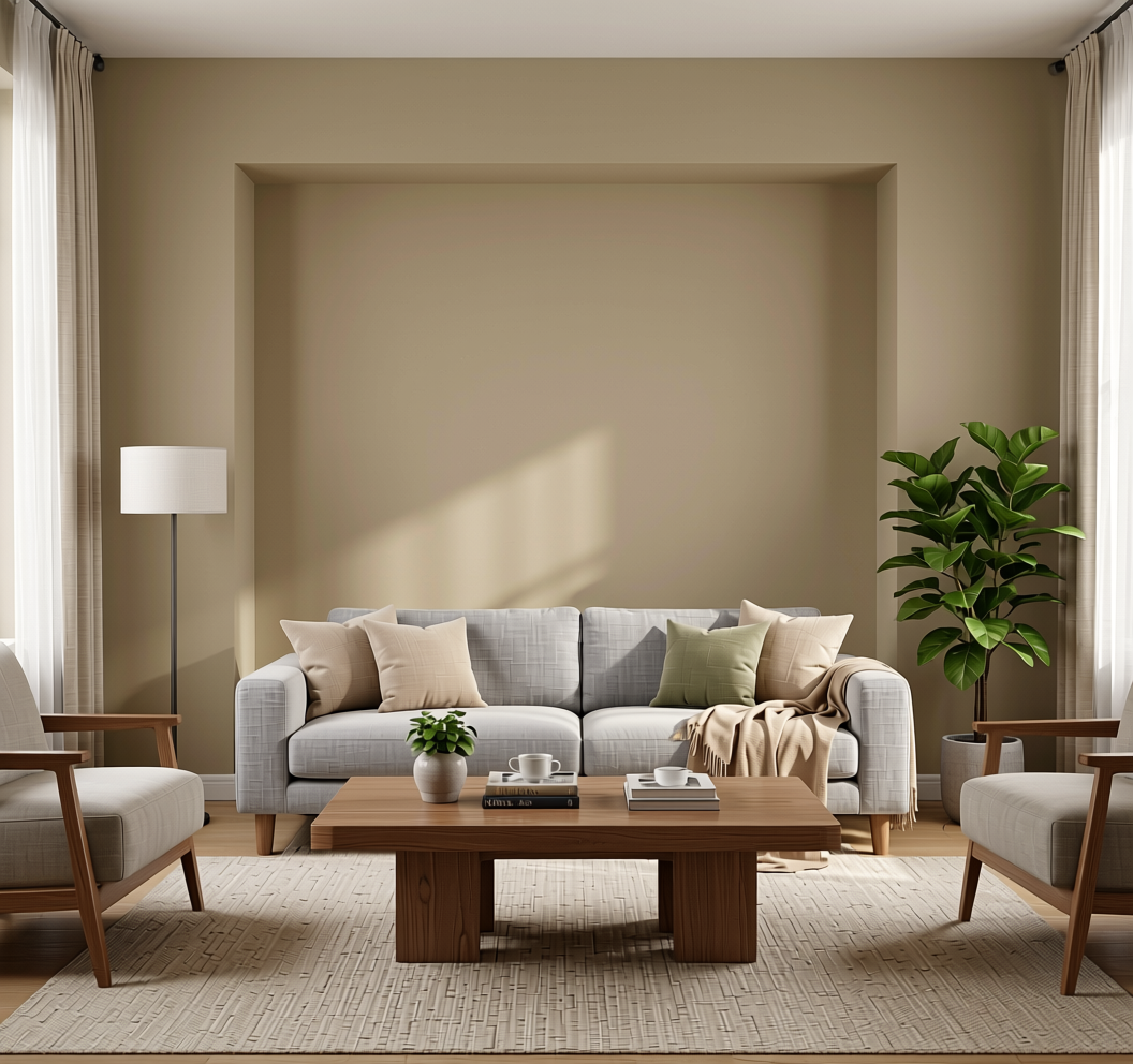 Oatmeal Beige Plain Laminate 8x4 ft Matte 0.9 mm - 578 EM — application view in a living room