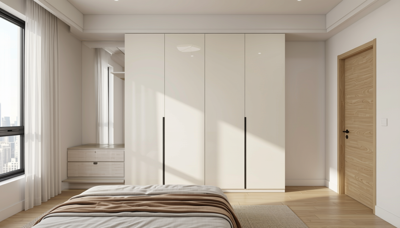 Off White Plain Laminate 8x4 ft Texture 1 mm - 635 UL — application view in a minimalist bedroom
