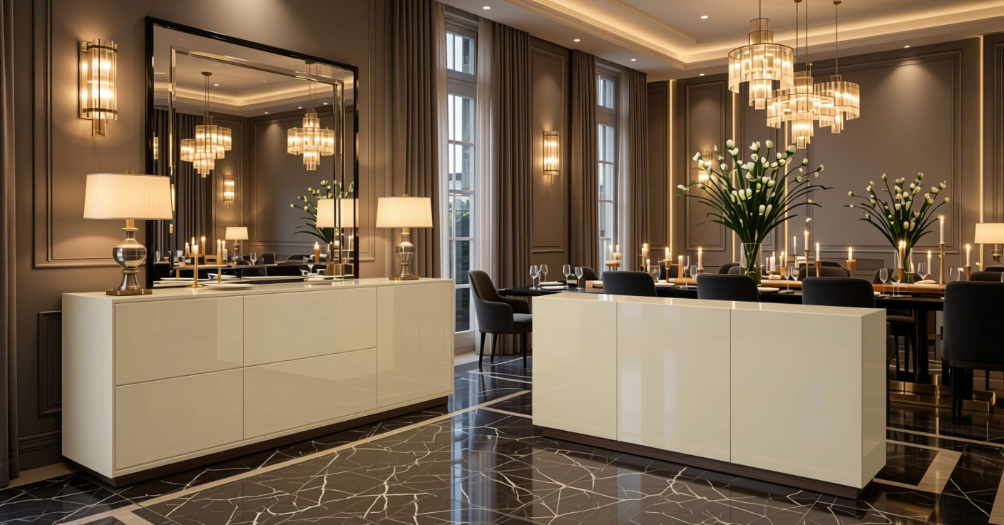 Off White Metallic Plain Laminate 8x4 ft Glossy 1 mm - 5064 DG — application view in a glamorous dining room