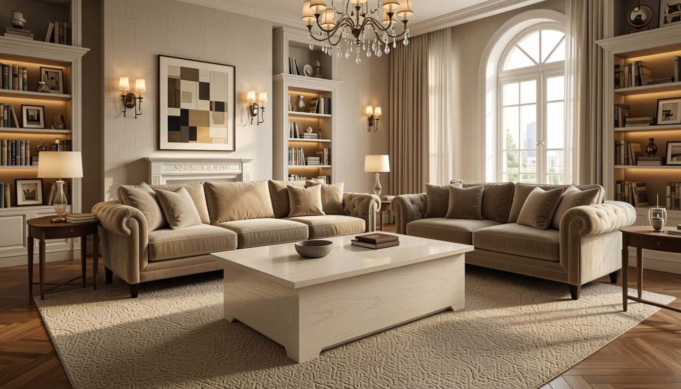 Off White Metallic Plain Laminate 8x4 ft Texture 1 mm - 5064 CF — application view in a elegant living room
