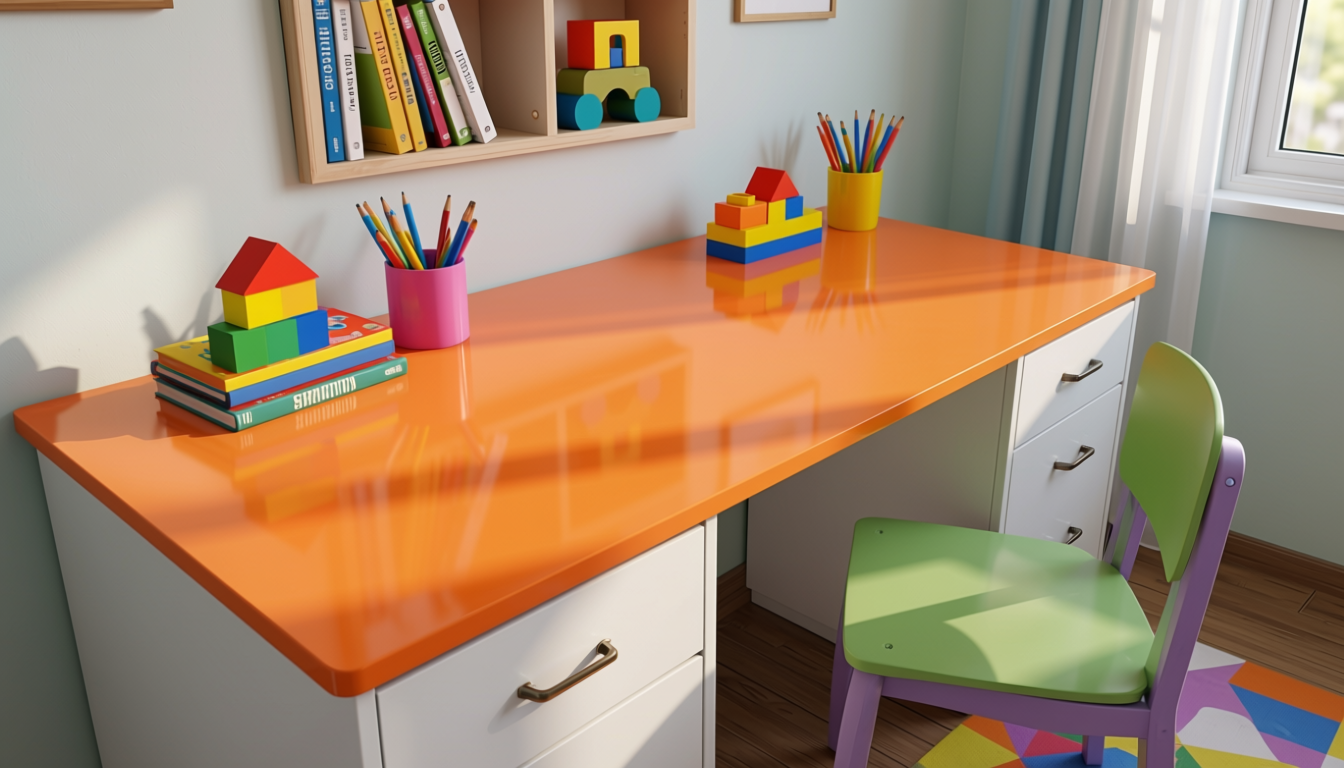 Orange Mineral Plain Laminate 8x4 ft Glossy 1 mm - 670 DG — application view in a vibrant kids room