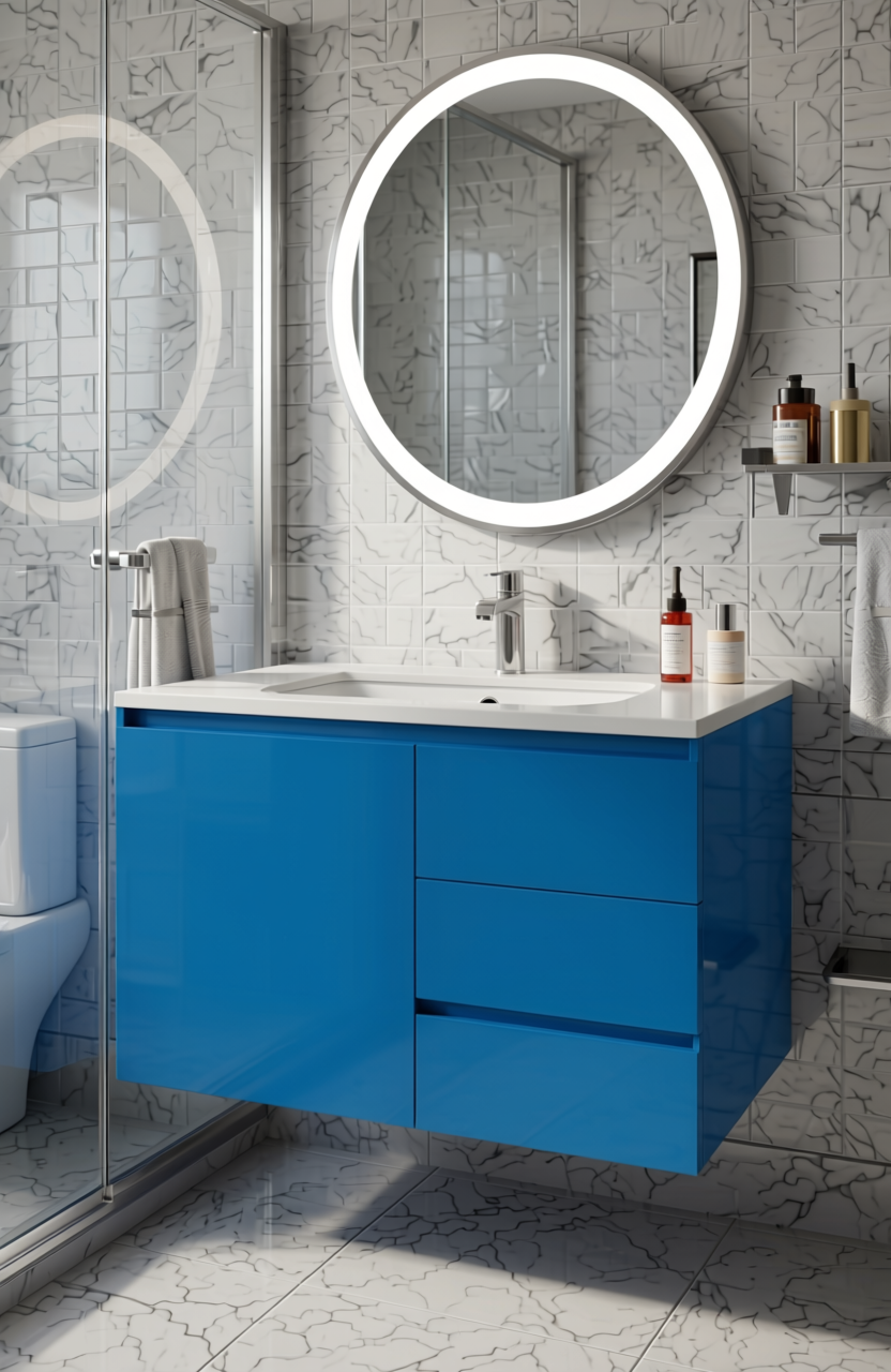 Pacific Blue Plain Laminate 8x4 ft High Gloss 1 mm - DG 677 — application view in a contemporary bathroom