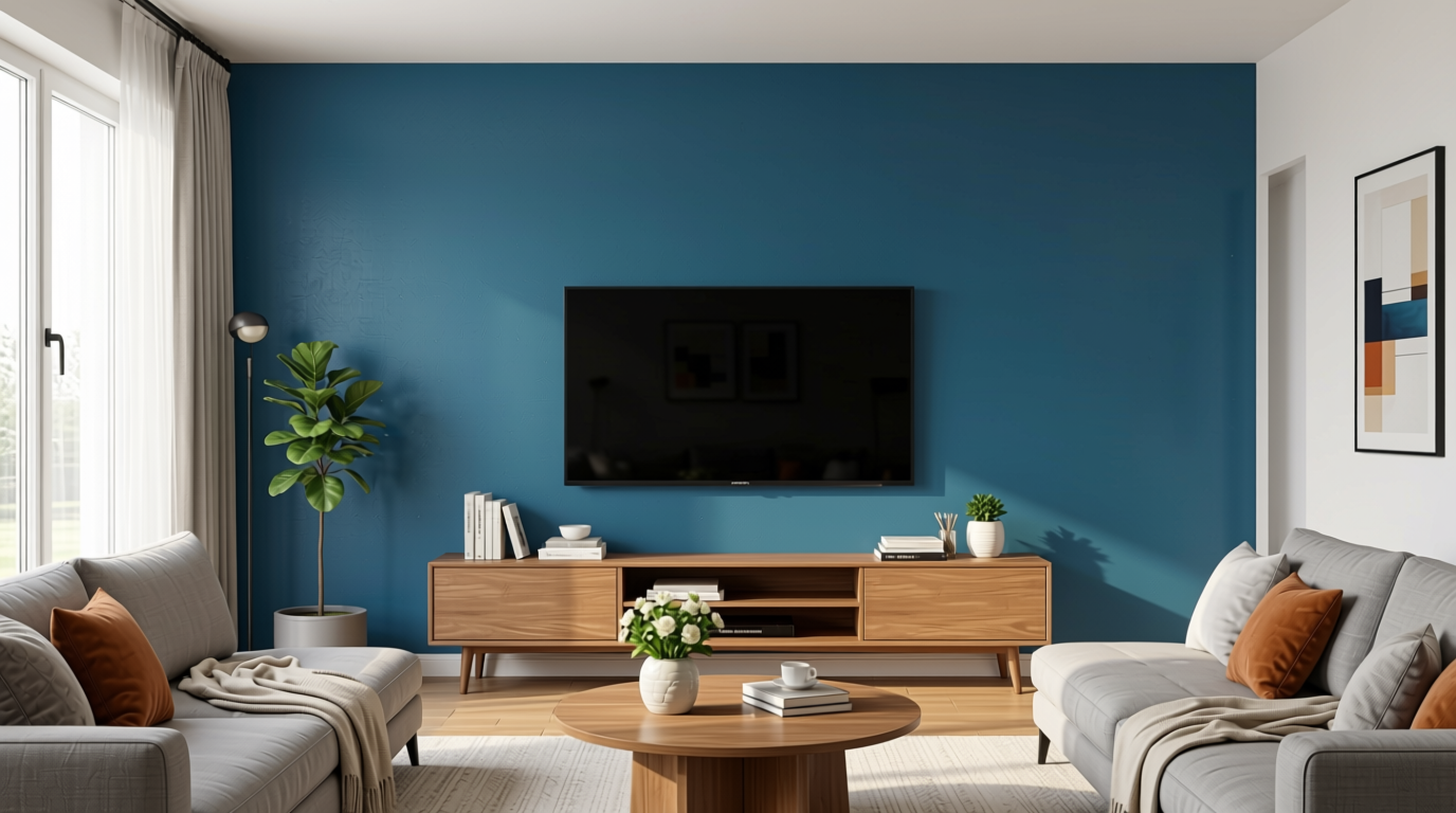 Petrol Blue Plain Laminate 8x4 ft Texture 1 mm - 651 UL — application view in a contemporary living room
