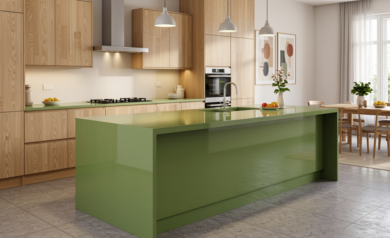 Pistachio Plain Laminate 8x4 ft Glossy 1 mm - 650 DG — application view in a fresh kitchen