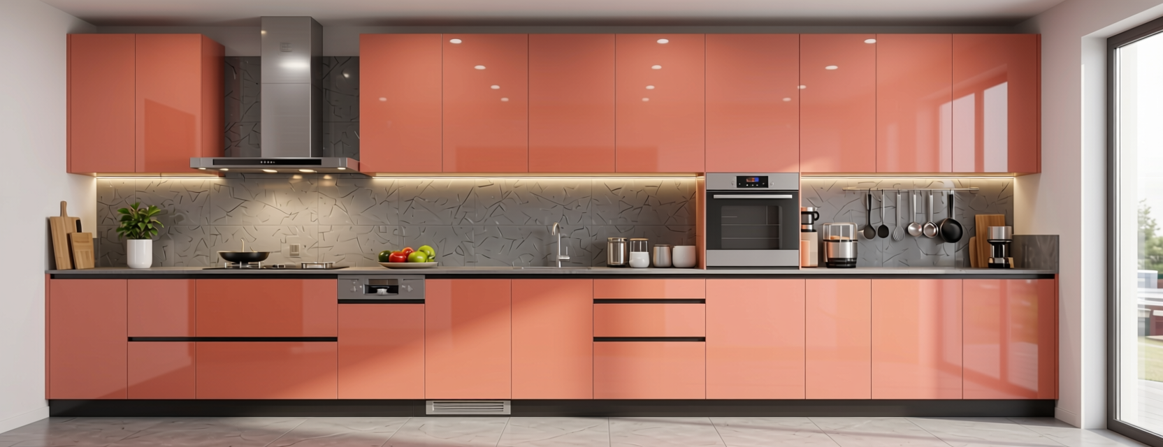 Salmon Plain Laminate 8x4 ft Glossy 1 mm - 636 DG — application view in a contemporary kitchen