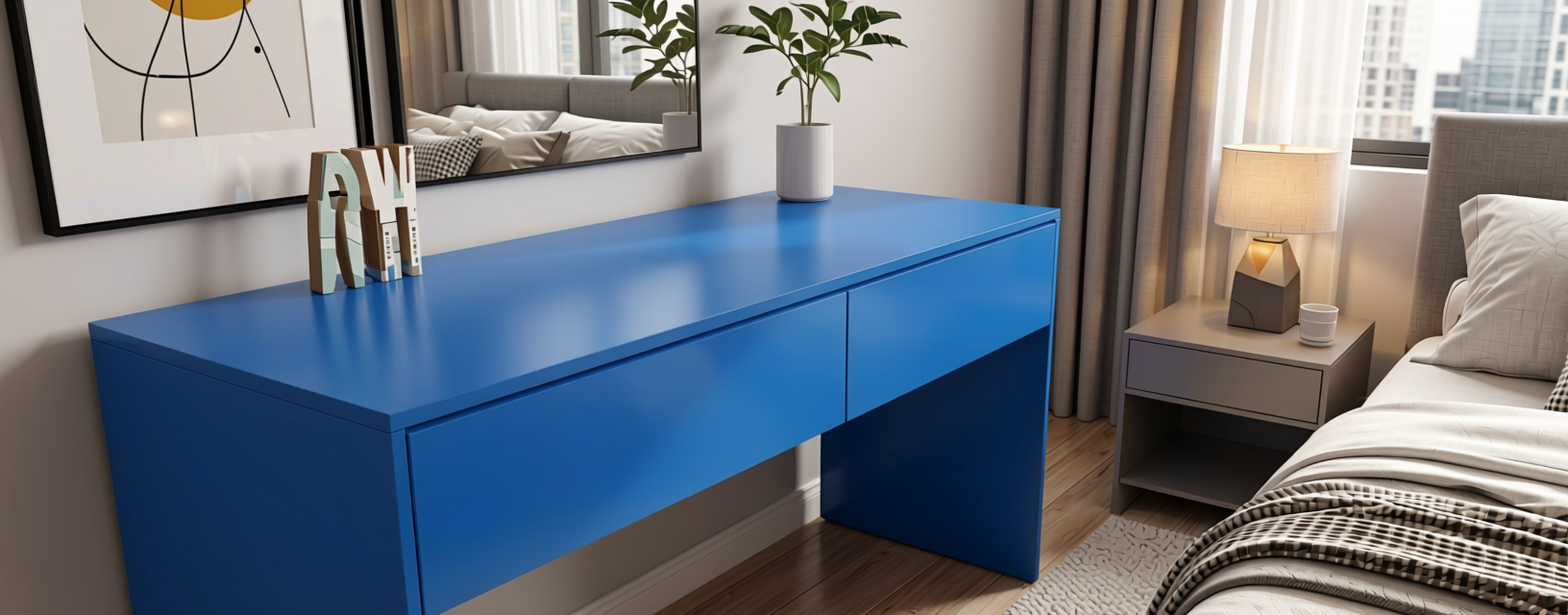 Satin Blue Plain Laminate 8x4 ft Glossy 1 mm - 630 DG — application view in a contemporary bedroom