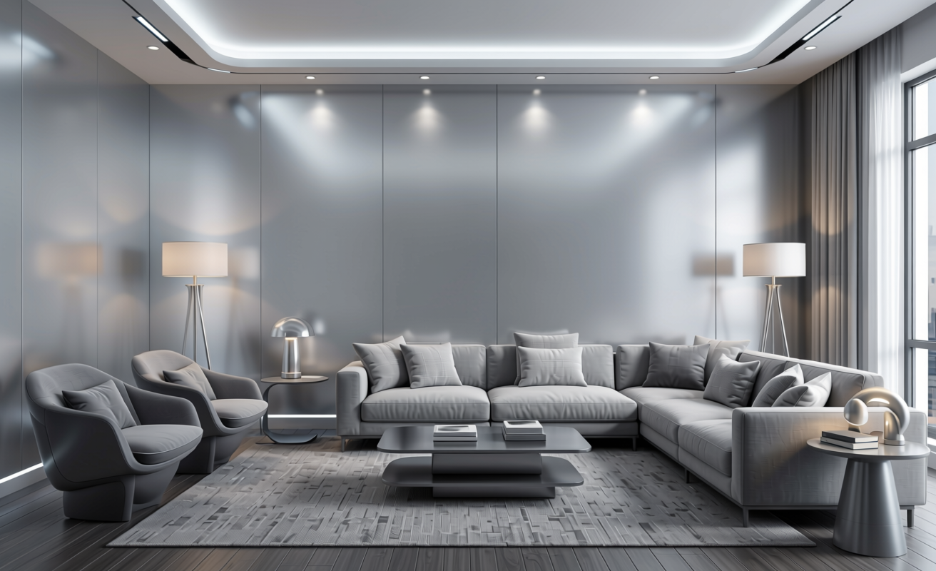 Silver Frost Metallic Plain Laminate 8x4 ft Texture 1 mm - 5122 CF — application view in a futuristic living room