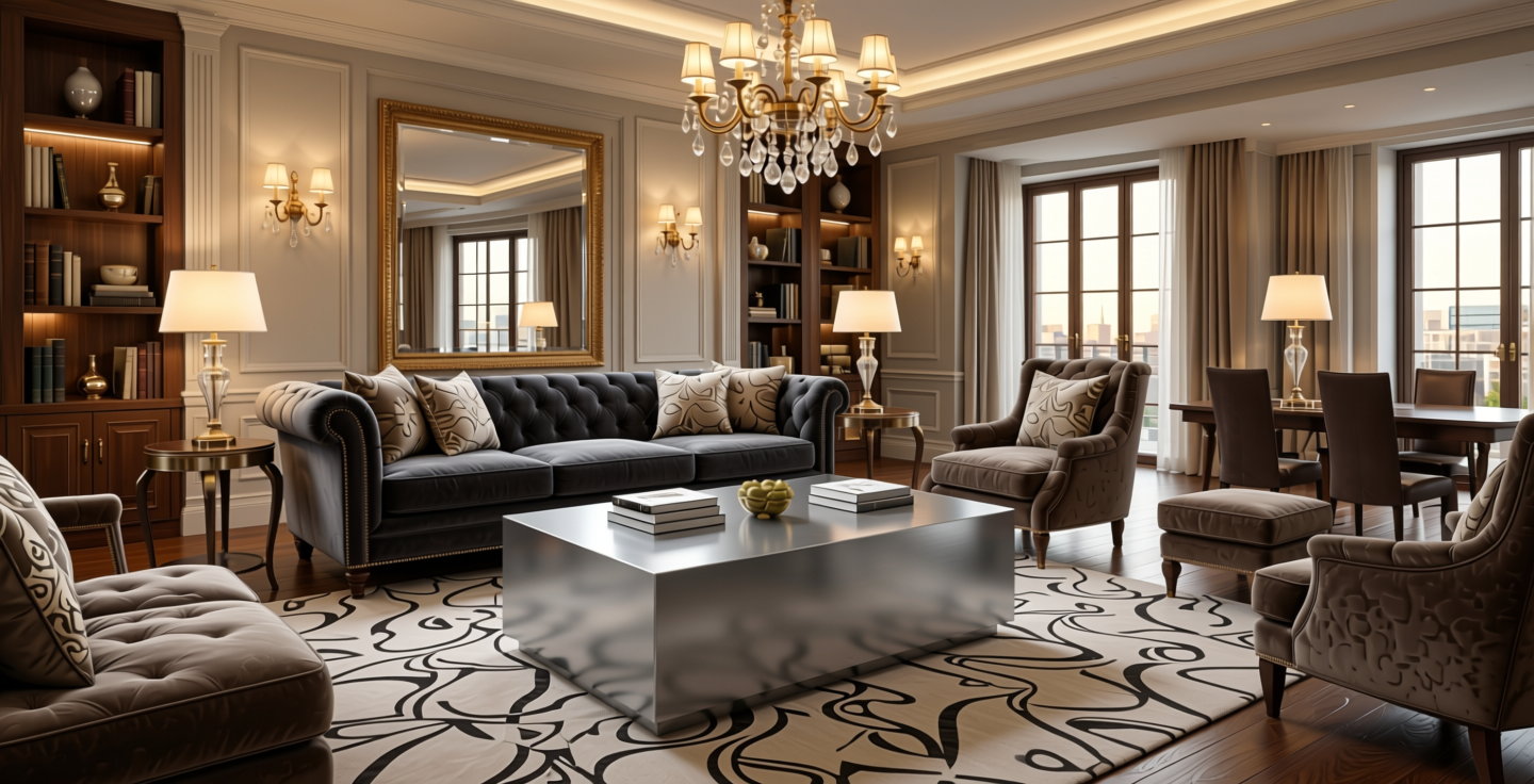 Silver Frost Metallic Plain Laminate 8x4 ft Glossy 1 mm - 5122 DG — application view in a glamorous living room