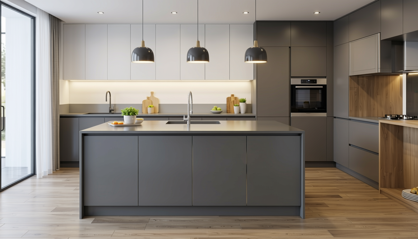 Slate Grey Plain Laminate 8x4 ft Glossy 1 mm - 631 DG — application view in a contemporary kitchen