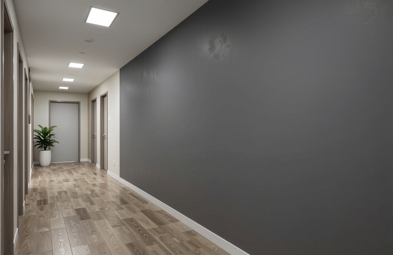 Slate Grey Plain Laminate 8x4 ft Texture 1 mm - 631 UL — application view in a modern hallway