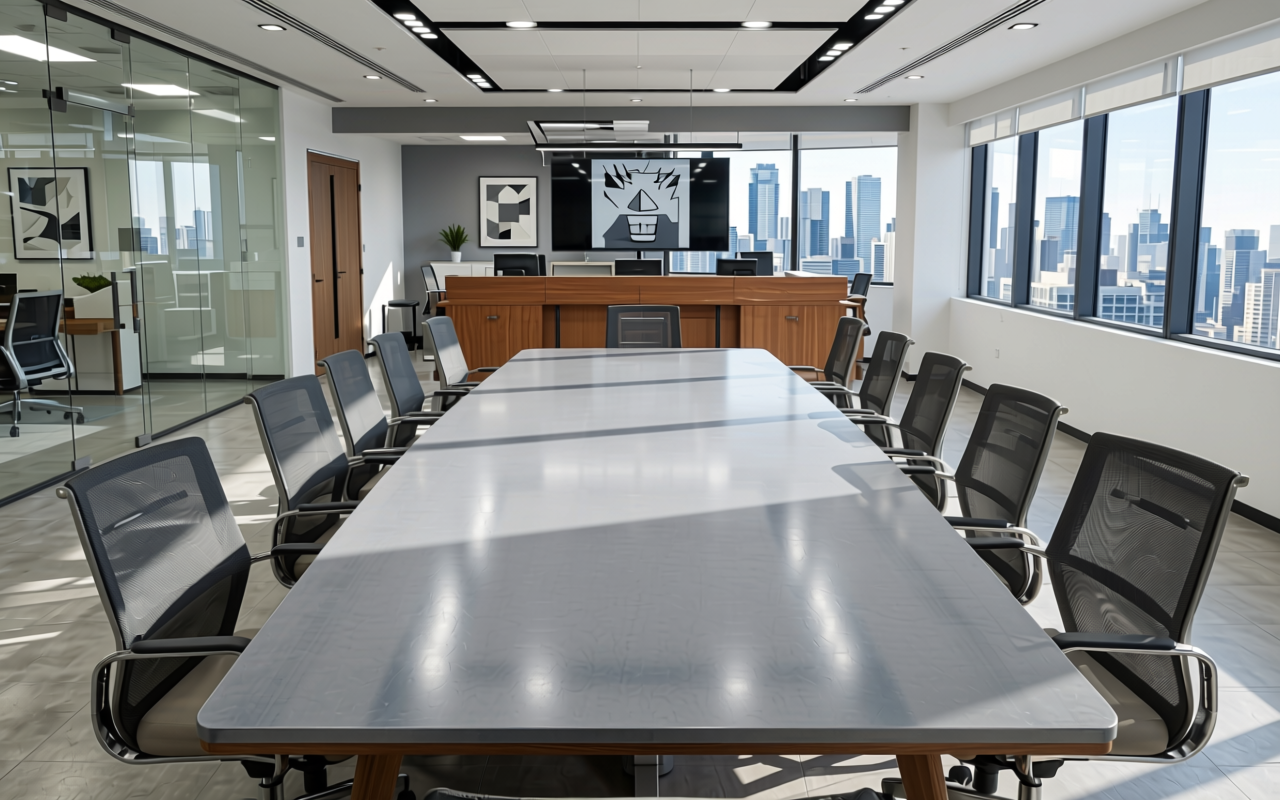 Sliver Grey Plain Laminate 8x4 ft Glossy 1 mm - 666 DG — application view in a modern office