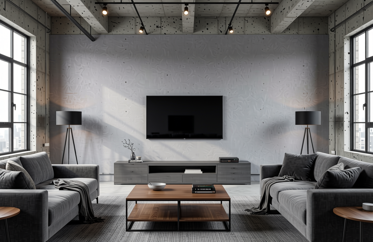 Sliver Grey Plain Laminate 8x4 ft Texture 1 mm - 666 UL — application view in a industrial living room