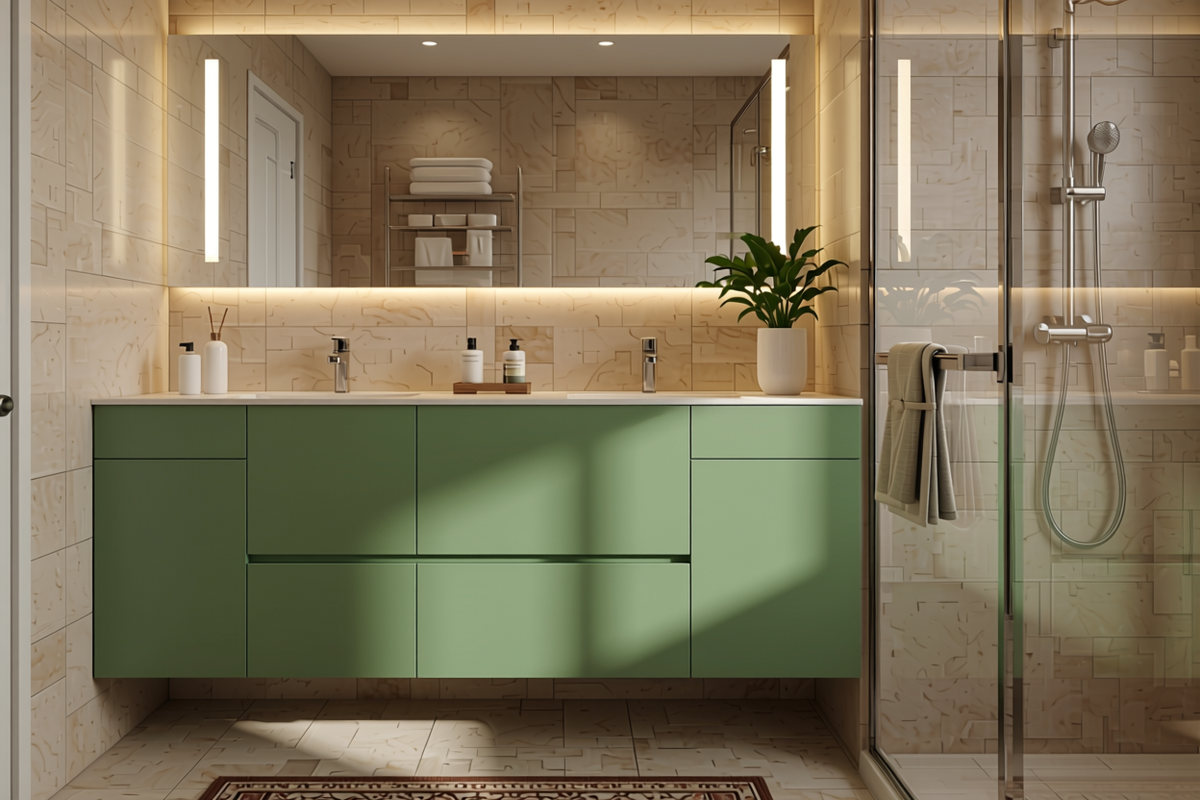 Spa Green Plain Laminate 8x4 ft Texture 1 mm - 655 UL — application view in a spa bathroom