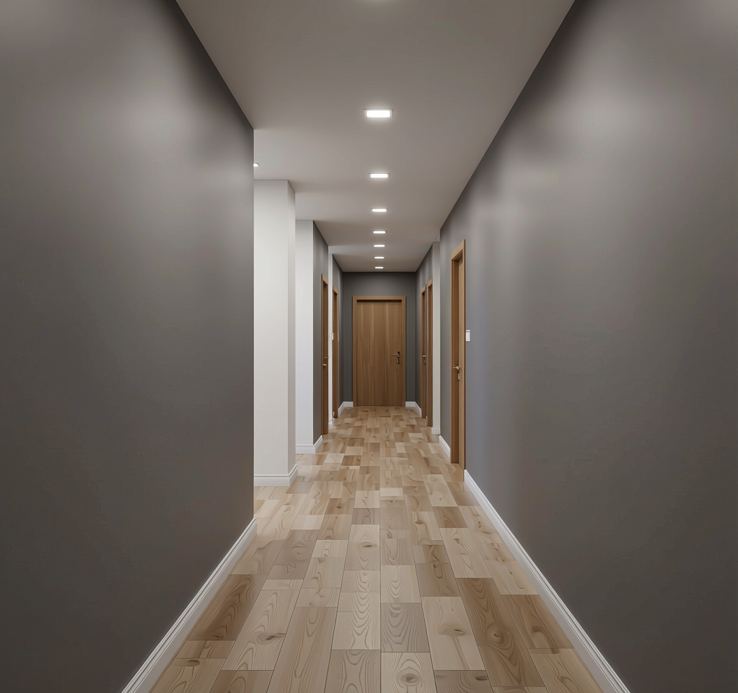 Thunder Grey Plain Laminate 8x4 ft Matte 0.9 mm - 567 EM — application view in a hallway