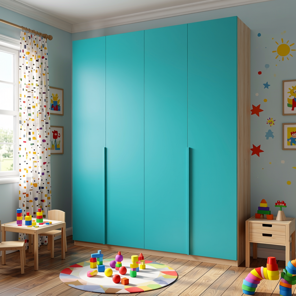 Turquoise Blue Plain Laminate 8x4 ft Matte 0.9 mm - 583 EM — application view in a kid's room