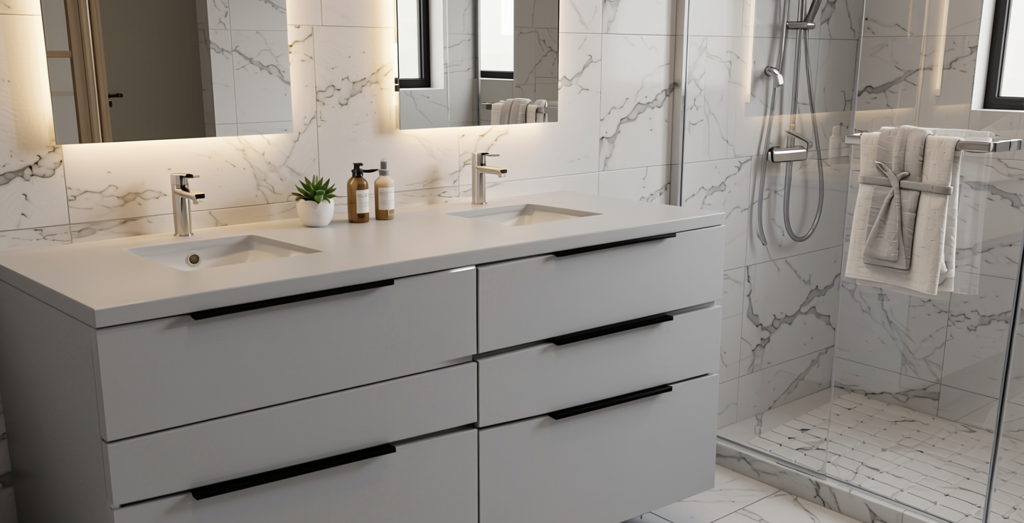 Light Grey Plain Laminate 8x4 ft Texture 1 mm - 614 UCO — application view in a minimalist bathroom