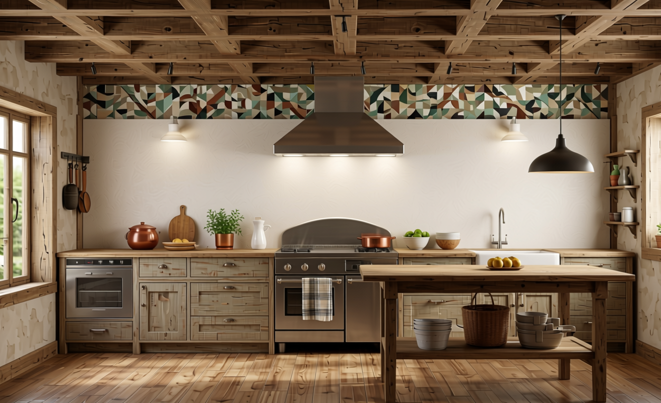 Offwhite Plain Laminate 8x4 ft Texture 1 mm - 640 UCO — application view in a rustic kitchen