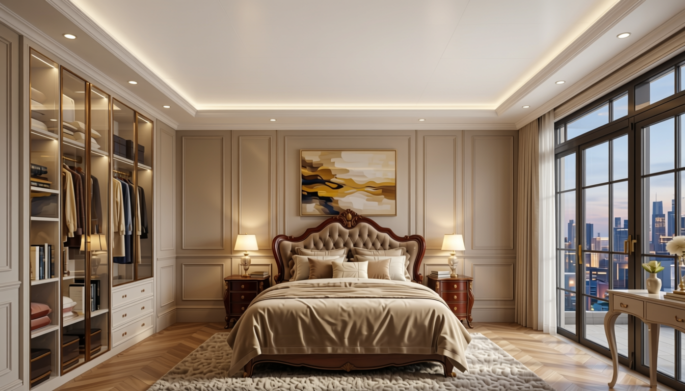 White Lily Shimmer Plain Laminate 8x4 ft Texture 1 mm - 5121 SHM — application view in a luxury bedroom
