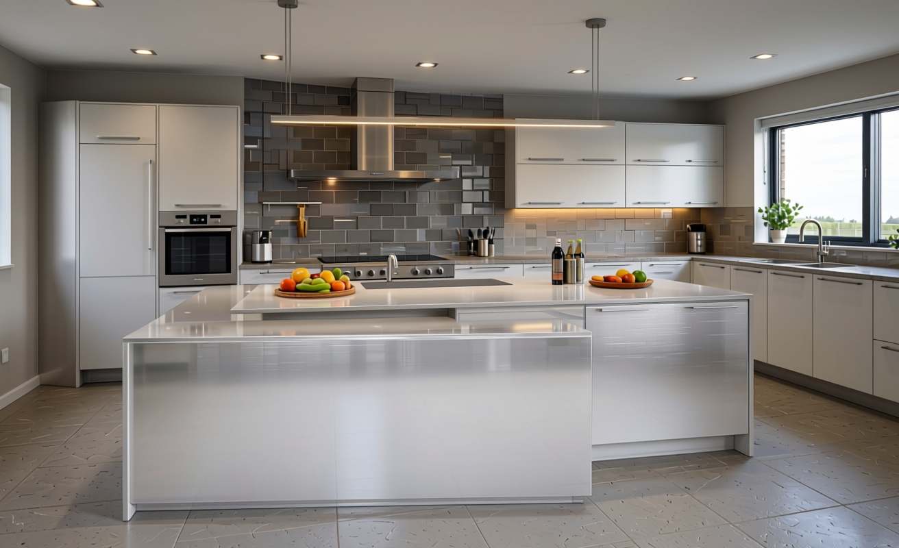 White Metallic Plain Laminate 8x4 ft Texture 1 mm - 5124 CF — application view in a contemporary kitchen