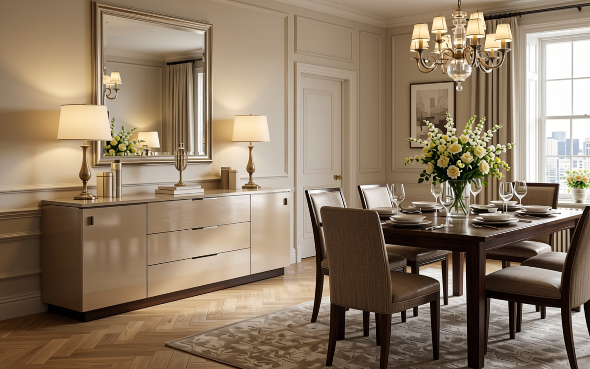 Biscuit Metallic Plain Laminate 8x4 ft Texture 1 mm - 5063 CF — application view in a elegant dining room