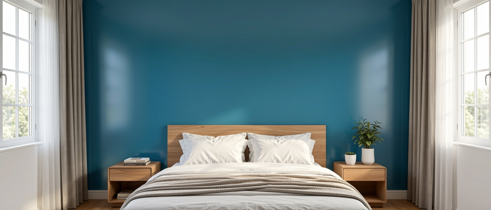 Blue Foccasia Plain Laminate 8x4 ft Glossy 1 mm - 648 DG — application view in a serene bedroom