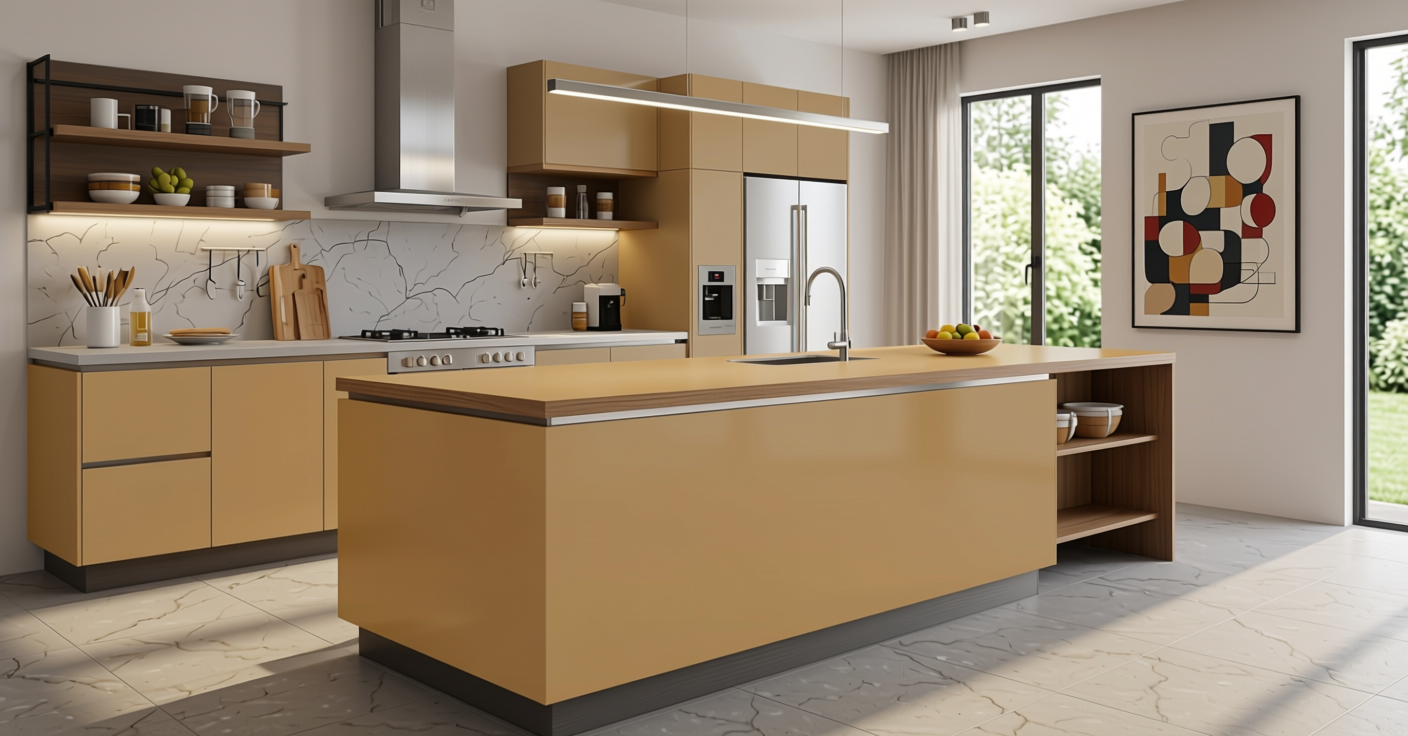 Cayona Plain Laminate 8x4 ft Glossy 1 mm - 647 DG — application view in a contemporary kitchen