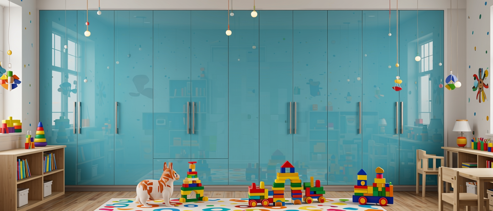 Lake Blue Plain Laminate 8x4 ft Glossy 1 mm - 656 DG — application view in a children's playroom