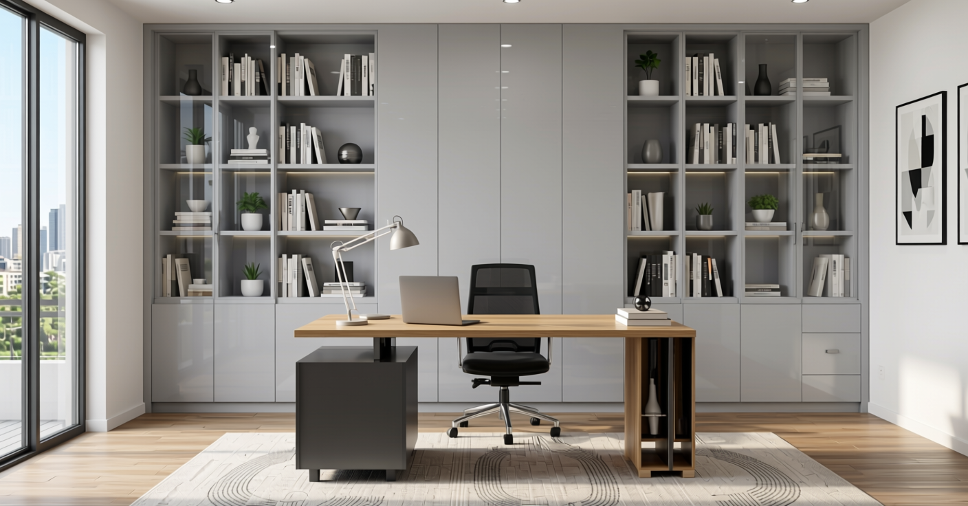 Light Grey Plain Laminate 8x4 ft Glossy 1 mm - 614 DG — application view in a modern home office