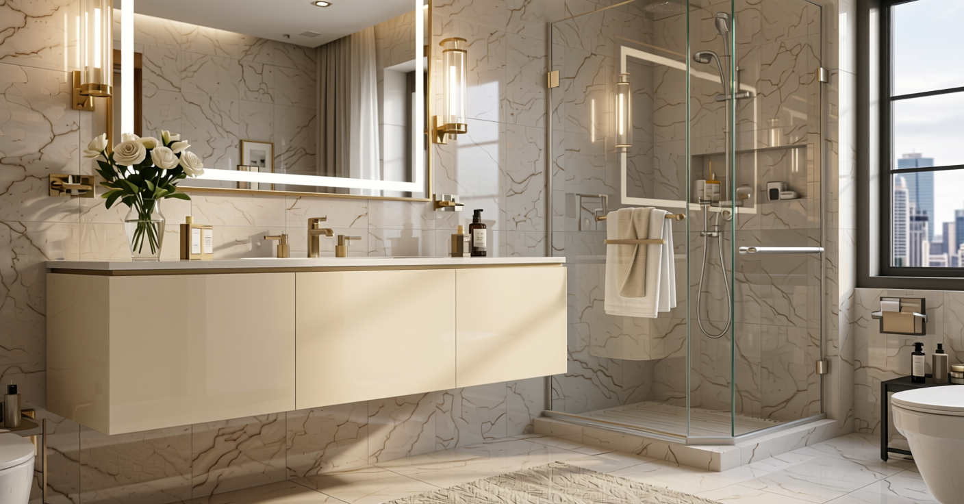 Light Ivory Plain Laminate 8x4 ft Glossy 1 mm - 646 DG — application view in a luxurious bathroom