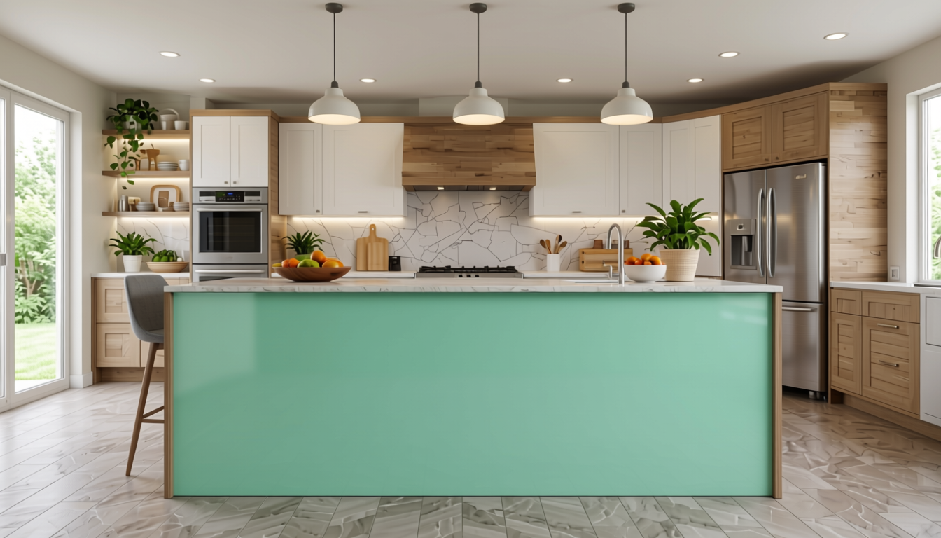 Mint Green Plain Laminate 8x4 ft Glossy 1 mm - 663 DG — application view in a fresh kitchen