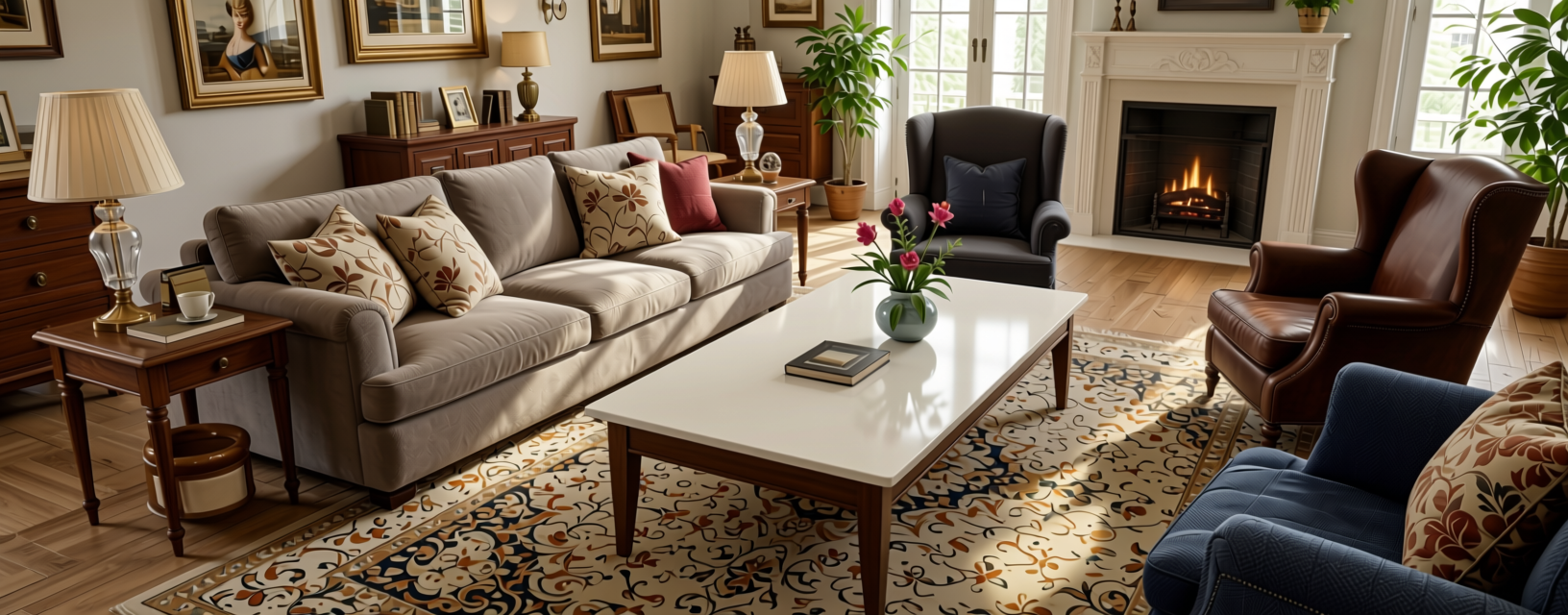 Off White Plain Laminate 8x4 ft Glossy 1 mm - 635 DG — application view in a classic living room