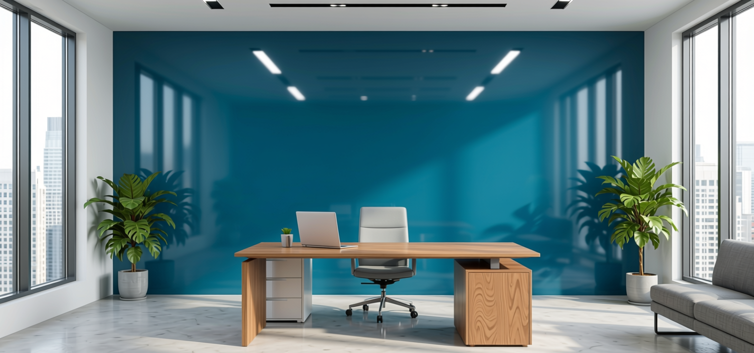 Petrol Blue Plain Laminate 8x4 ft Glossy 1 mm - 651 DG — application view in a modern office