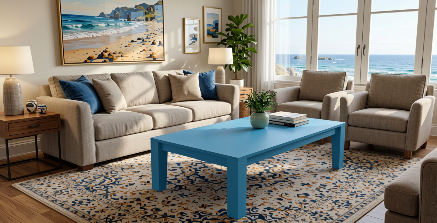 Satin Blue Plain Laminate 8x4 ft Texture 1 mm - 630 UL — application view in a coastal living room