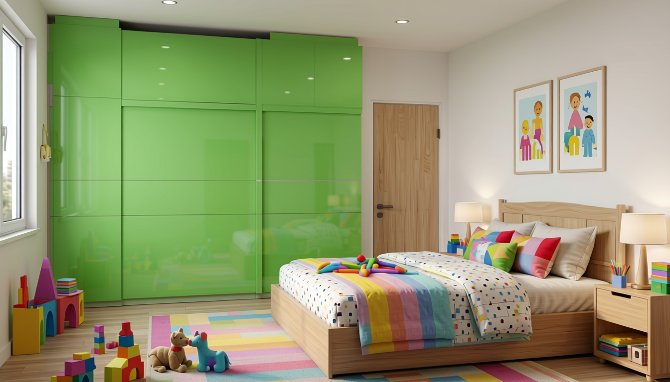 Spring Green Plain Laminate 8x4 ft Glossy 1 mm - 658 DG — application view in a kids' bedroom