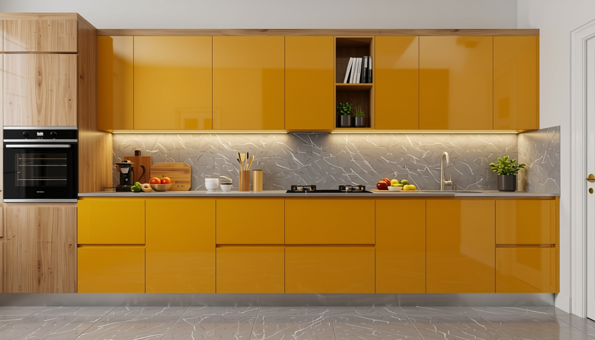 Tumeric Yellow Plain Laminate 8x4 ft Glossy 1 mm - 621 DG — application view in a contemporary kitchen