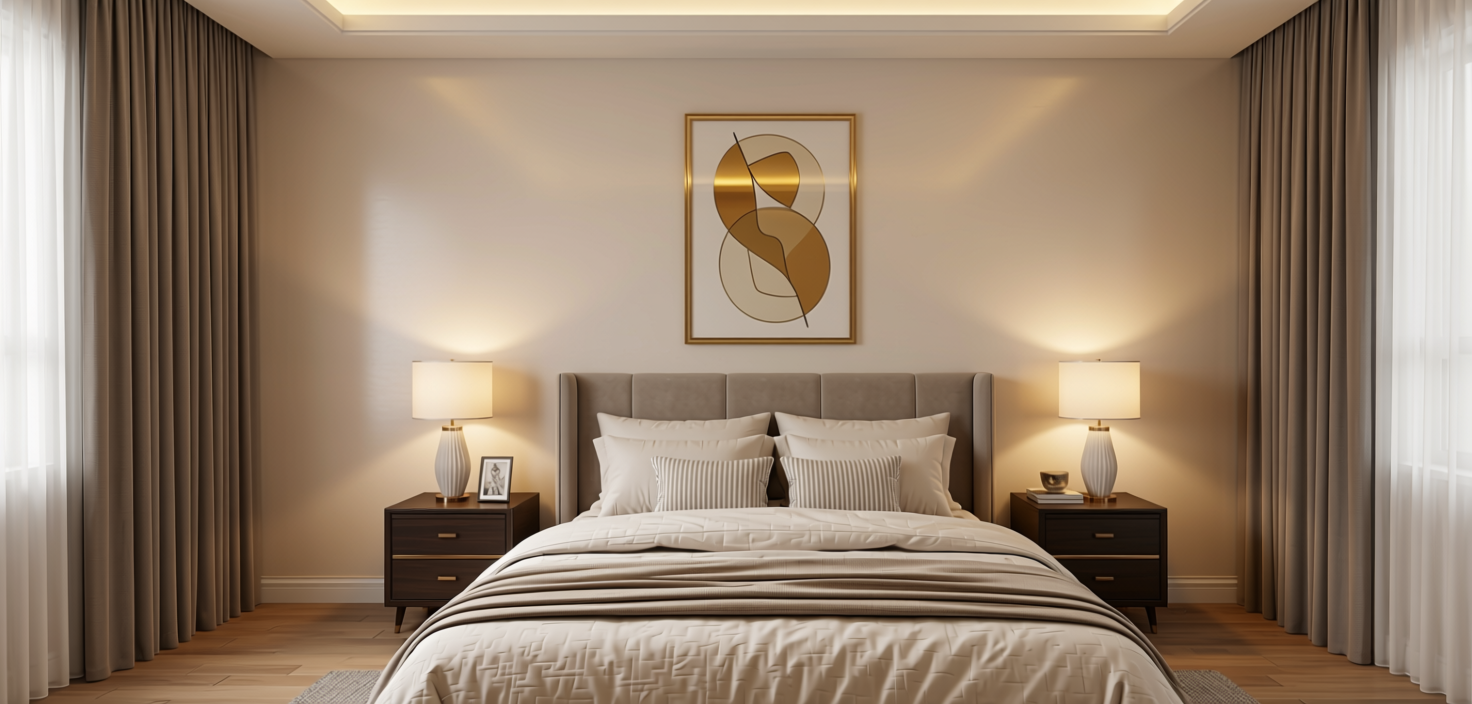 Milkey Shimmer Plain Laminate 8x4 ft Texture 1 mm - SHM 5148 — application view in a luxury bedroom