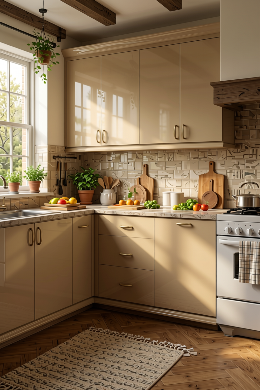 Mission Beige Plain Laminate 8x4 ft High Gloss 1 mm - DG 673 — application view in a traditional kitchen