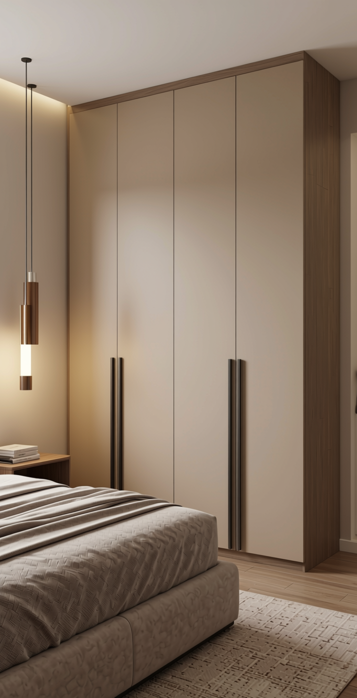 Mission Beige Plain Laminate 8x4 ft Matte 1 mm - UL 673 — application view in a sleek bedroom