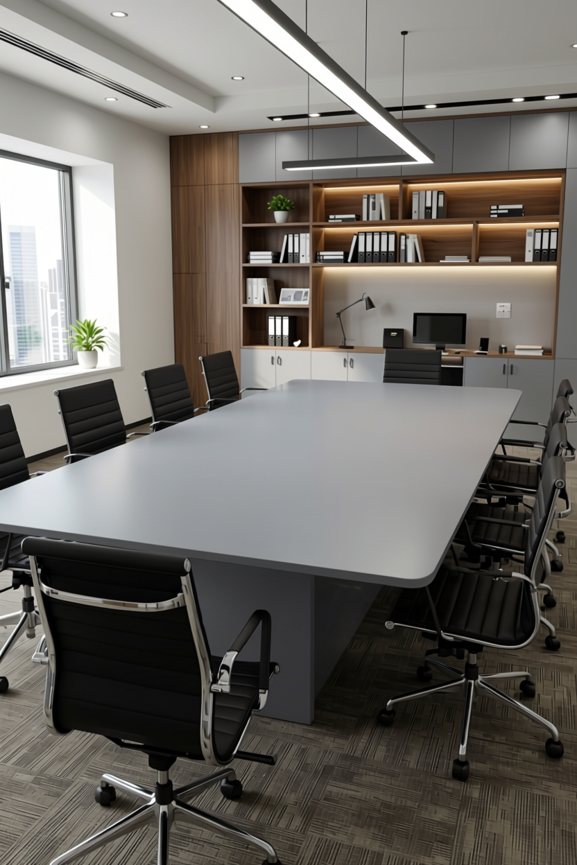 Misty Grey Plain Laminate 8x4 ft High Gloss 1 mm - DG 667 — application view in a office