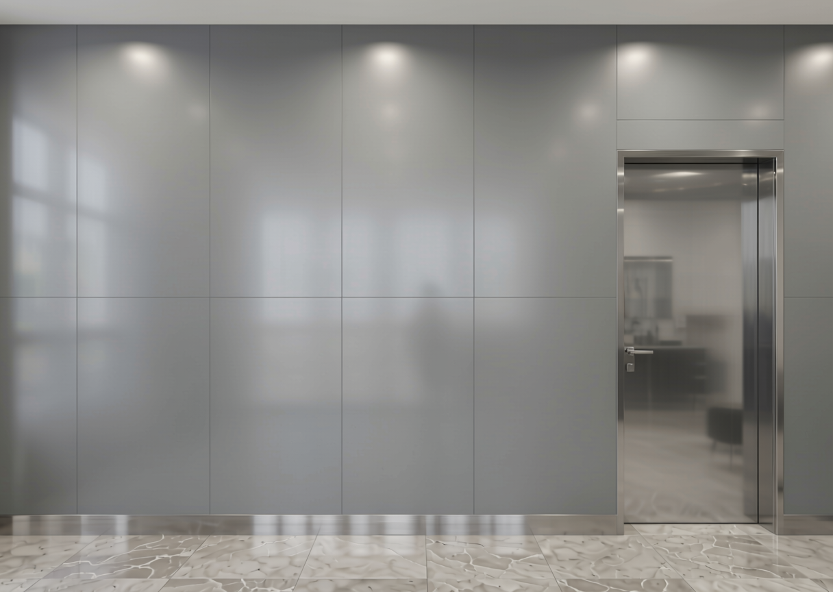 Misty Grey Metallic Plain Laminate 8x4 ft Texture 1 mm - CF 6148 — application view in a entrance hall