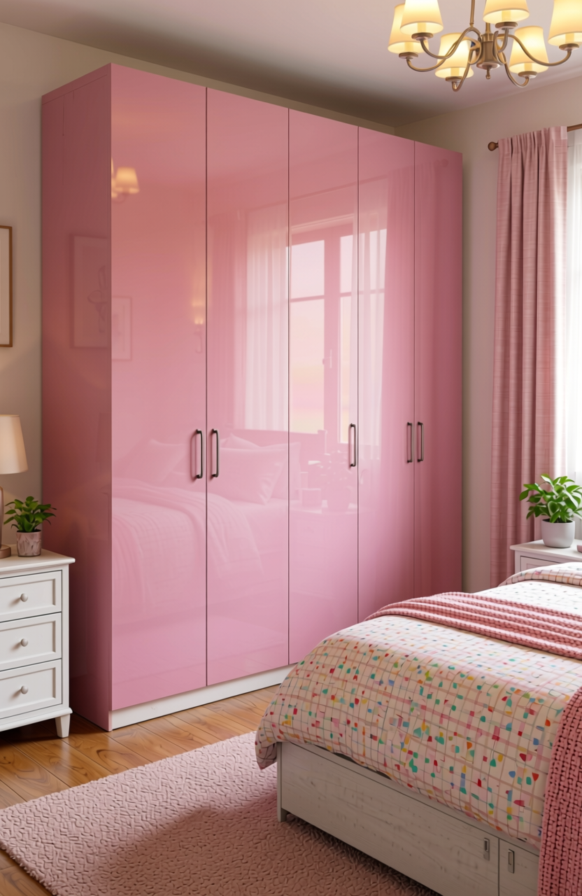 Romantic Pink Plain Laminate 8x4 ft High Gloss 1 mm - DG 654 — application view in a girl's bedroom