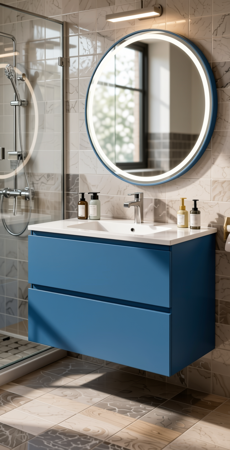 Satin Blue Plain Laminate 8x4 ft Matte 1 mm - UL 630 — application view in a bathroom