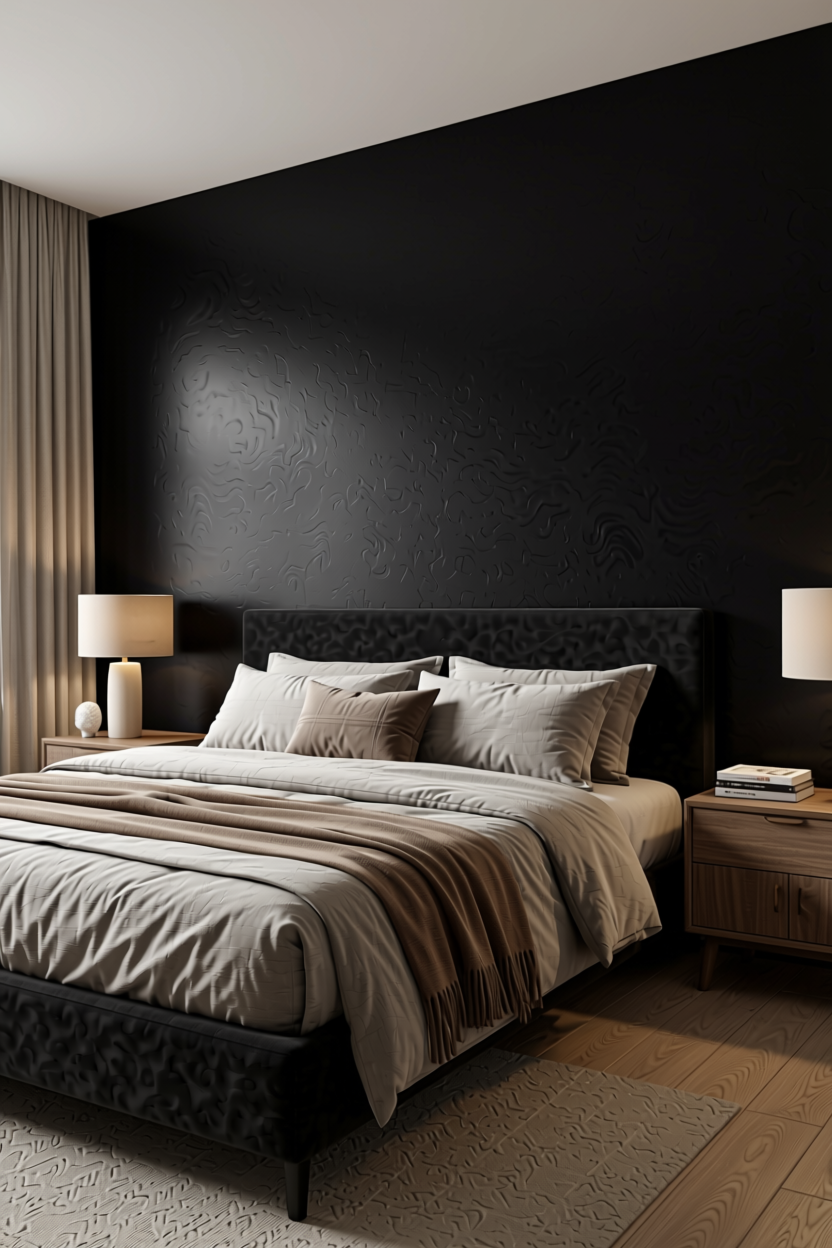 Black Plain Laminate 8x4 ft Suede 1 mm - SF 610 — application view in a bedroom
