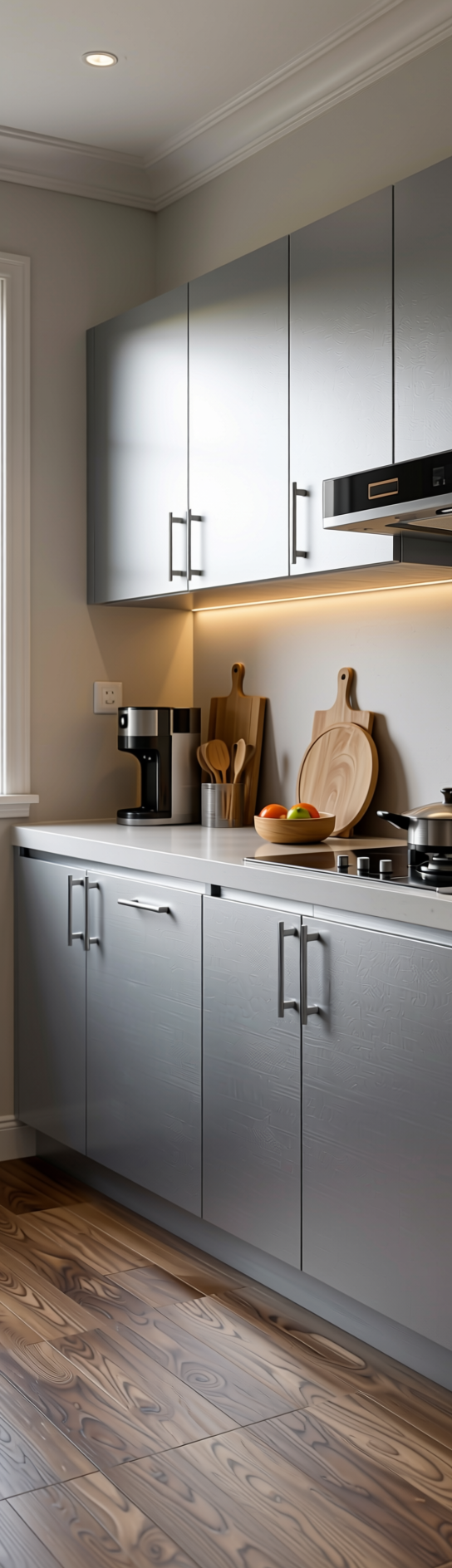 Silver Grey Plain Laminate 8x4 ft Texture 1 mm - CR 666 — application view in a kitchen