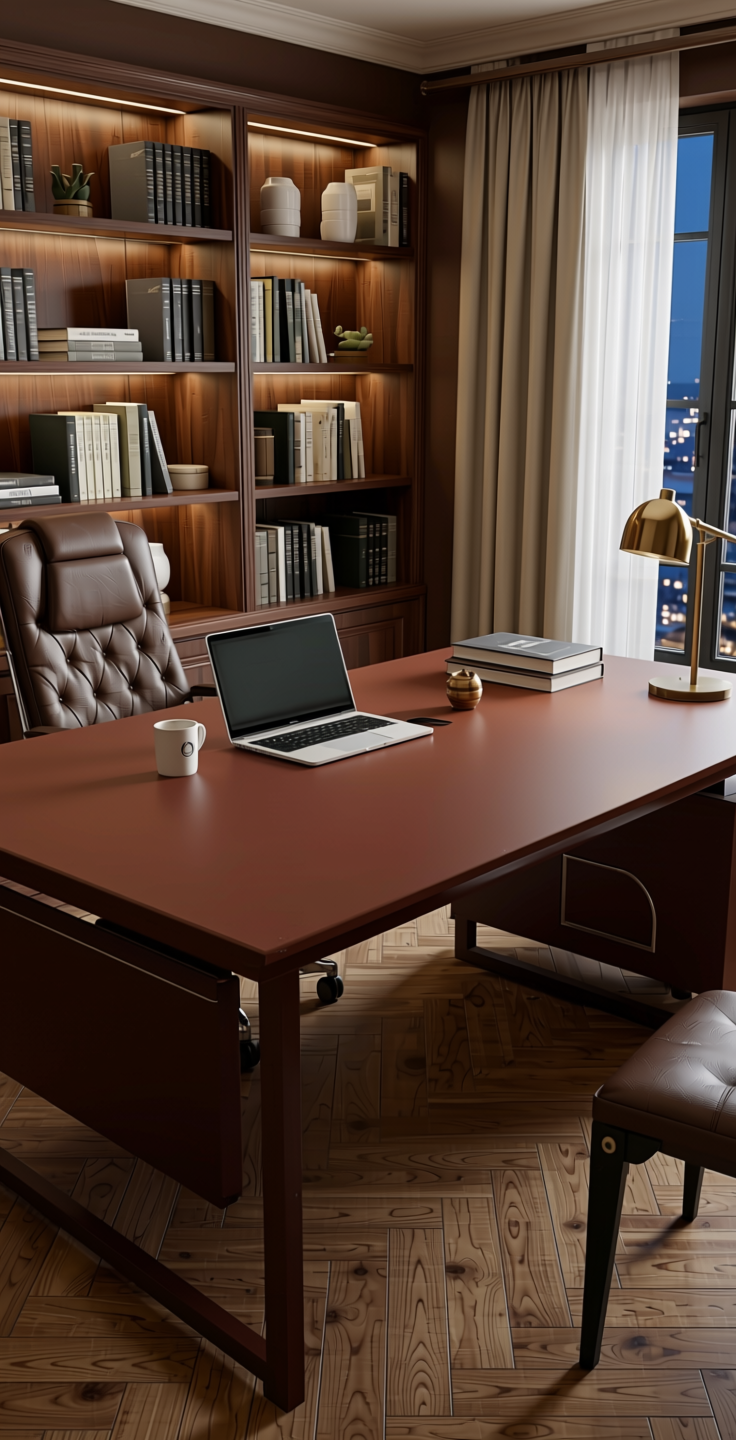 Tobacco Brown Plain Laminate 8x4 ft Matte 1 mm - UL 659 — application view in a study room