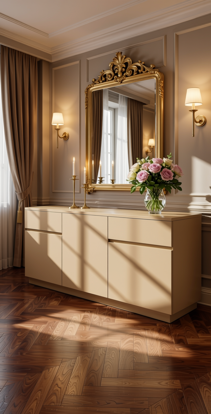 Almond Glow Beige Texture Laminate - STY-SOL-411 — application view in a elegant dining room